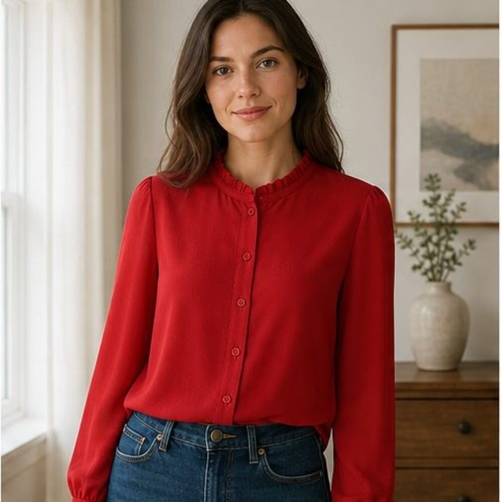 Red Ruffle Collar Blouse - Picture 2 of 6